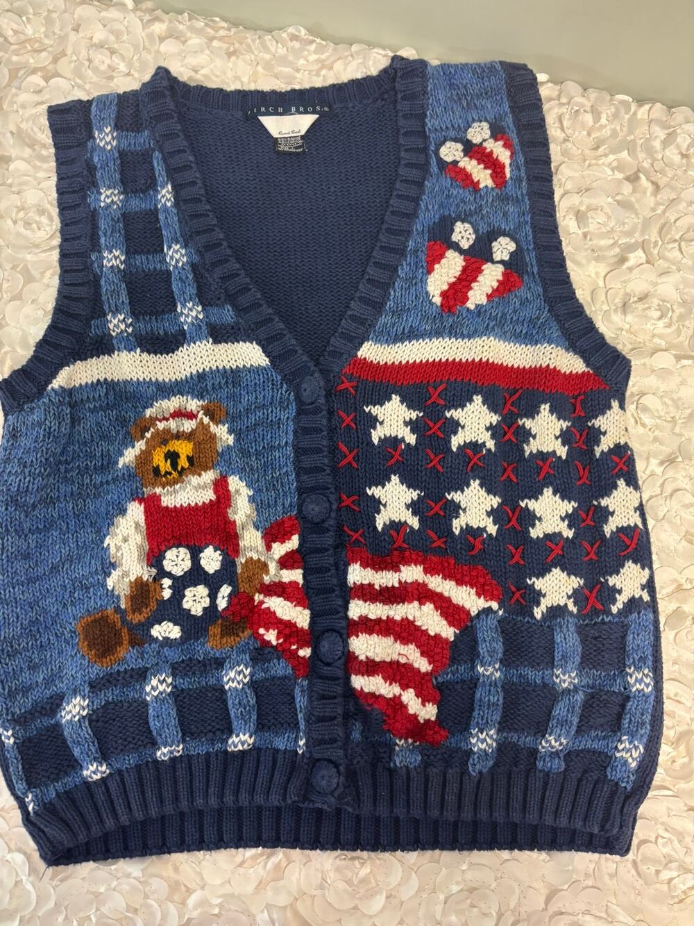 Vtg Birch Bros HandKnit Americana Sweater Vest Teddy Bear 90s Grannycore Size L